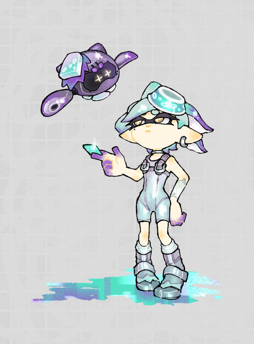 agent_8_(splatoon) agent_8_(splatoon)_(cosplay) aqua_hair bodysuit boots bow-shaped_hair callie_(splatoon) color_chip_(splatoon) commentary_request cosplay drone earrings eyelashes female floating food food_on_head full_body glint grey_background grid_background half_updo hand_on_own_hip highres hoop_earrings inkling jewelry len_contact marie_(splatoon) mole mole_under_eye multicolored_hair non-humanoid_robot object_on_head pearl_drone_(splatoon) pearl_drone_(splatoon)_(cosplay) purple_hair robot short_hair simple_background sleeveless sleeveless_bodysuit socks splatoon_(series) splatoon_3 splatoon_3:_side_order standing sushi swept_bangs tentacle_hair thick_eyebrows two-tone_hair white_bodysuit white_footwear white_socks yellow_eyes