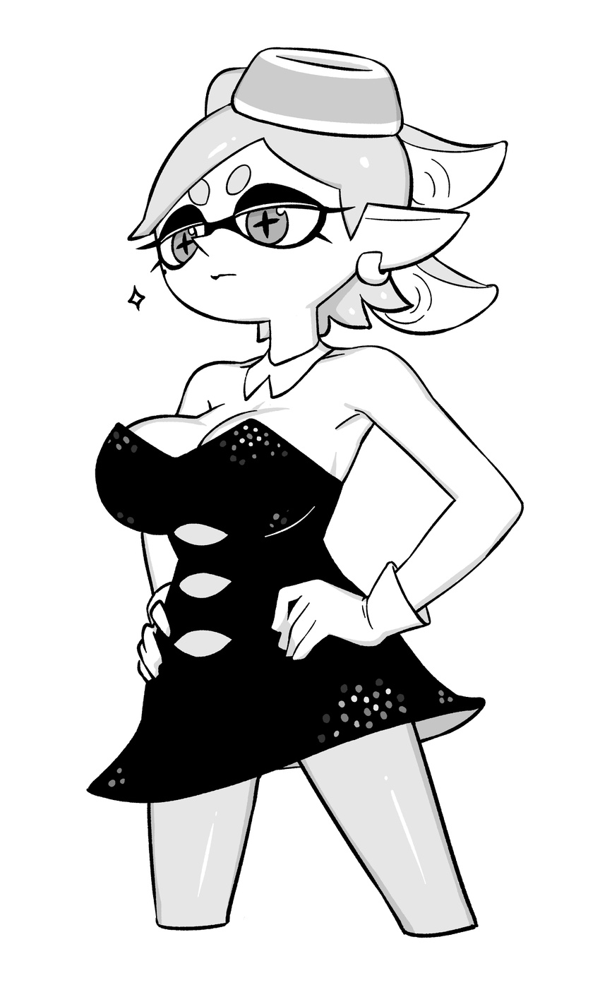 absurdres alternate_breast_size bare_arms bare_shoulders bow-shaped_hair breasts cleavage cropped_legs detached_collar dress earrings female flipped_hair food food_on_head gloves grey_hair half_updo hands_on_own_hips highres hoop_earrings inkling jewelry large_breasts marie_(splatoon) mole mole_under_eye monochrome o_den object_on_head pantyhose pointy_ears short_dress short_ponytail solo splatoon_(series) strapless strapless_dress sushi swept_bangs tentacle_hair thick_eyebrows updo v-shaped_eyebrows