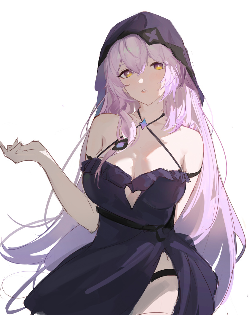 absurdres alternate_costume bare_shoulders black_dress black_swan_(honkai:_star_rail) breasts bright_pupils clothing_cutout commentary_request cowboy_shot criss-cross_halter dress female halterneck heart_cutout highres honkai:_star_rail honkai_(series) long_hair looking_at_viewer parted_lips purple_hair sleeveless sleeveless_dress solo veil very_long_hair white_pupils yellow_eyes yingmusang-l1f