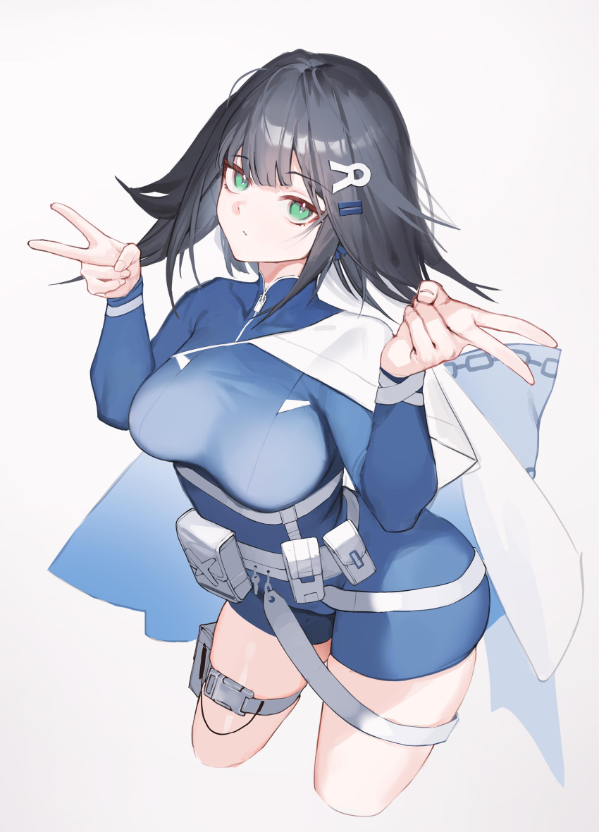 abigail_(black_survival) absurdres belt_pouch black_hair black_survival blue_jacket breasts cape closed_mouth cropped_legs double_v eternal_return:_black_survival female green_eyes hair_ornament highres jacket large_breasts leaning_forward long_sleeves looking_at_viewer pouch simple_background solo thigh_strap tunamayo_(dsasd751) v white_background white_cape