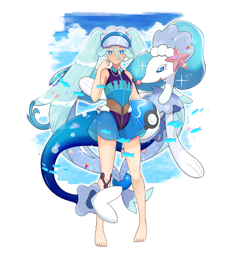 absurdres ball barefoot beachball blue_eyes blue_shorts bright_pupils closed_mouth colored_eyelashes commentary_request female fish full_body green_hair grey_headwear hair_between_eyes hand_up hatsune_miku highres holding holding_ball keaworks knees long_hair looking_at_viewer pokemon pokemon_(creature) primarina project_voltage shorts smile sparkle toes twintails visor_cap vocaloid water_miku_(project_voltage) white_pupils zipper_pull_tab