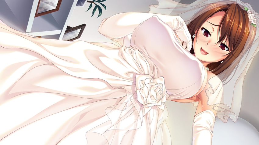 blush breasts bridal_veil bride brown_hair earrings elbow_gloves erect_nipples female game_cg gloves highres hozumi_kaoru huge_breasts ichinose_natsumi itsu_made_mo_musuko_no_mama_ja_irarenai! jewelry looking_at_viewer milf open_mouth red_eyes short_hair smile solo standing veil wedding_dress