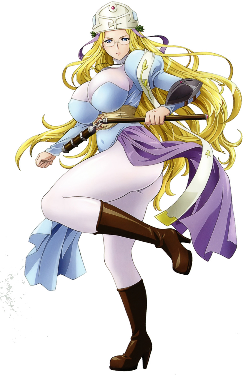 blonde_hair blue_eyes bodysuit boots breasts female full_body gainos_priestess_melpha glasses high_heel_boots high_heels highres huge_breasts leg_up long_hair looking_at_viewer melpha_(queen's_blade) photoshop_(medium) queen's_blade solo very_long_hair weapon white_background zundarepon