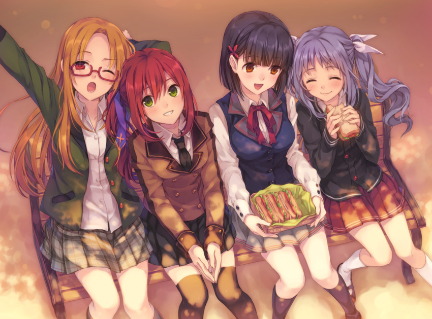 4girls :d ;o ^_^ bad_id bad_pixiv_id bench black_hair black_legwear blazer bob_cut closed_eyes dress_shirt eating food glasses green_eyes jacket kneehighs long_hair mary_janes multiple_girls natsu_natsuna necktie one_eye_closed open_mouth orange_eyes orange_hair original plaid plaid_skirt pleated_skirt ponytail purple_hair red_eyes red_hair sandwich school_uniform shirt shoes short_hair sitting skirt smile socks thighhighs twintails vest white_legwear yawning