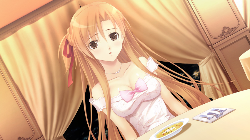 absurdres bare_shoulders blush bow bowtie breasts brown_eyes cleavage curtains dish dress female food fork fusataka_shikibu game_cg hair_ribbon highres jewelry large_breasts long_hair looking_at_viewer necklace orange_hair ribbon sitting solo soup table tsugou_no_ii_kazoku