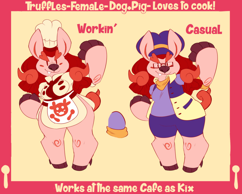 alternate_costume apron barefoot blush blush_stickers border brown_nose canid canine canis chef chef_hat clothed clothing conditional_dnp domestic_dog domestic_pig english_text eyewear fangs feet female fully_clothed fur glasses hair hat headgear headwear heartthrob_cafe hi_res hooves hybrid irootie jacket kerchief light_body light_fur long_ears long_hair mammal model_sheet neckerchief pink_body pink_border pink_fur red_hair short_stack simple_background smile solo suid suina sus_(pig) teeth text topwear truffles_(irootie) vertical_bar_eyes wide_hips yellow_background