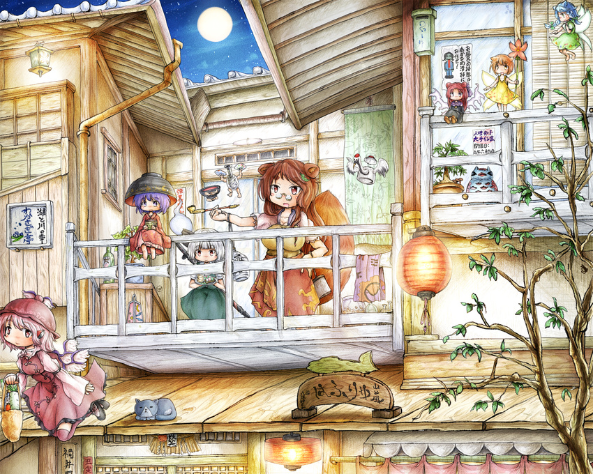 6+girls animal_ears architecture bag balcony bird_wings blue_hair blush_stickers bottle bowl bowler_hat brown_dress brown_eyes commentary_request cup curtains daikon dango drainpipe dress east_asian_architecture fairy fairy_wings feline flower flying food full_moon futatsuiwa_mamizou glasses green_dress grey_eyes grey_hair grocery_bag hair_ornament hand_on_own_hip hat highres holding holding_smoking_pipe japanese_clothes kimono kiseru konpaku_youmu konpaku_youmu_(ghost) lantern layered_dress leaf_hair_ornament long_hair looking_at_viewer looking_away mary_janes mini_person minigirl moon multiple_girls mystia_lorelei night notepad on_railing open_mouth outstretched_arm paper_lantern pince-nez pink_hair profile raccoon_ears raccoon_tail radish railing red_eyes red_hair sake_bottle shoes shopping_bag short_hair sign sitting smile smoking_pipe standing sukuna_shinmyoumaru sword tail test_tube tokkuri touhou tray tree tsukumogami wagashi weapon wings ys_(ytoskyoku-57) yunomi