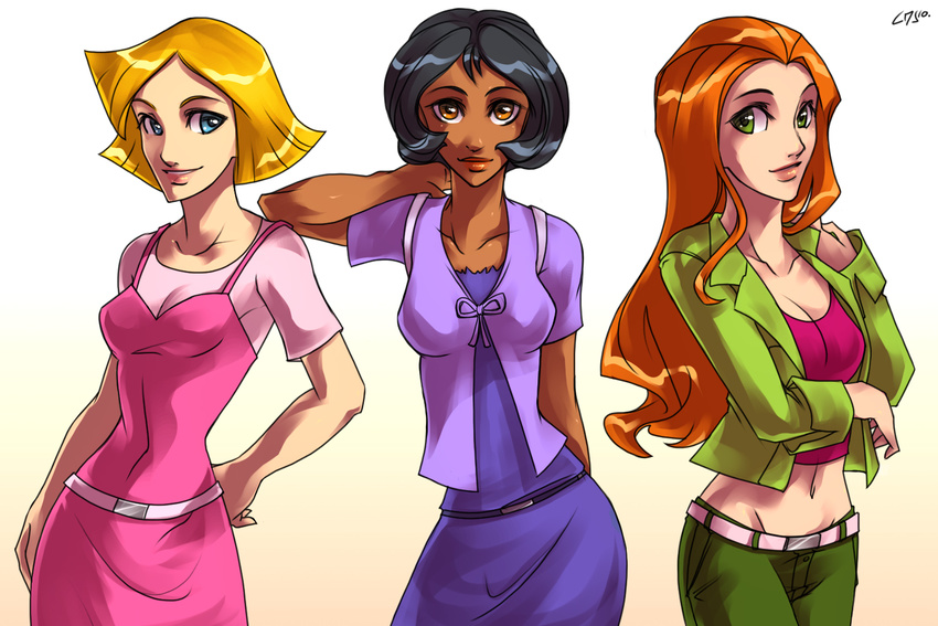 alex_(totally_spies) black_hair blonde_hair blue_eyes breasts cleavage clover_(totally_spies) dark_skin gradient gradient_background green_eyes lips looking_at_viewer multiple_girls orange_eyes orange_hair sam_(totally_spies) short_hair thick_lips totally_spies