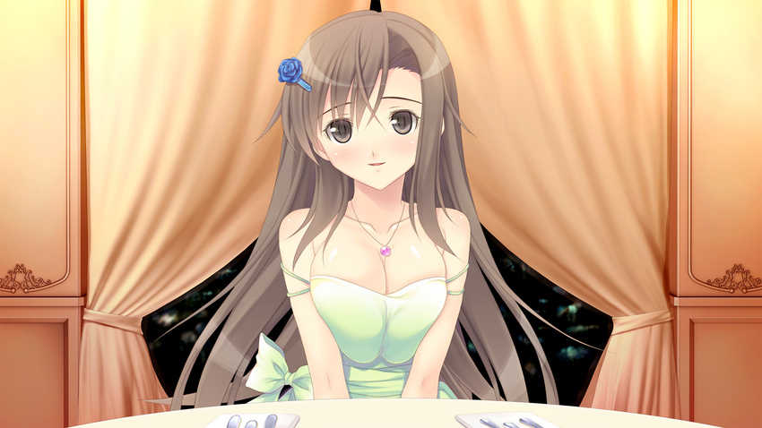 absurdres bare_shoulders black_eyes blush breast_squeeze breasts brown_hair cleavage curtains dress female fork fusataka_shikibu game_cg highres huge_breasts long_hair looking_at_viewer smile table tsugou_no_ii_kazoku