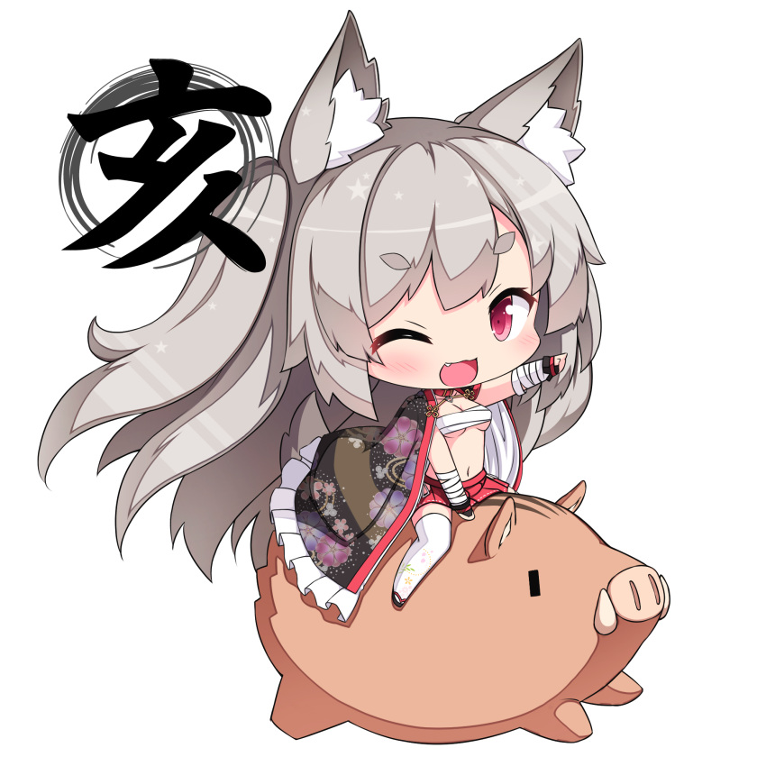 ;d animal animal_ear_fluff animal_ears azur_lane bandaged_arm bandages black_gloves black_kimono blush boar breasts chibi chinese_zodiac collar collarbone commentary_request female fingerless_gloves floral_print gloves grey_hair highres japanese_clothes kimono long_hair medium_breasts navel new_year oerba_yun_fang one_eye_closed one_side_up open_clothes open_kimono open_mouth outstretched_arm pleated_skirt pointing print_kimono print_thighhighs red_collar red_eyes red_skirt revision riding riding_boar sarashi sasakura_momiji short_eyebrows simple_background skirt smile solo tail thick_eyebrows thighhighs unmoving_pattern v-shaped_eyebrows very_long_hair white_background white_thighhighs wolf_ears wolf_girl wolf_tail year_of_the_pig yuudachi_(azur_lane) yuudachi_(shogun_of_snowballs)_(azur_lane)