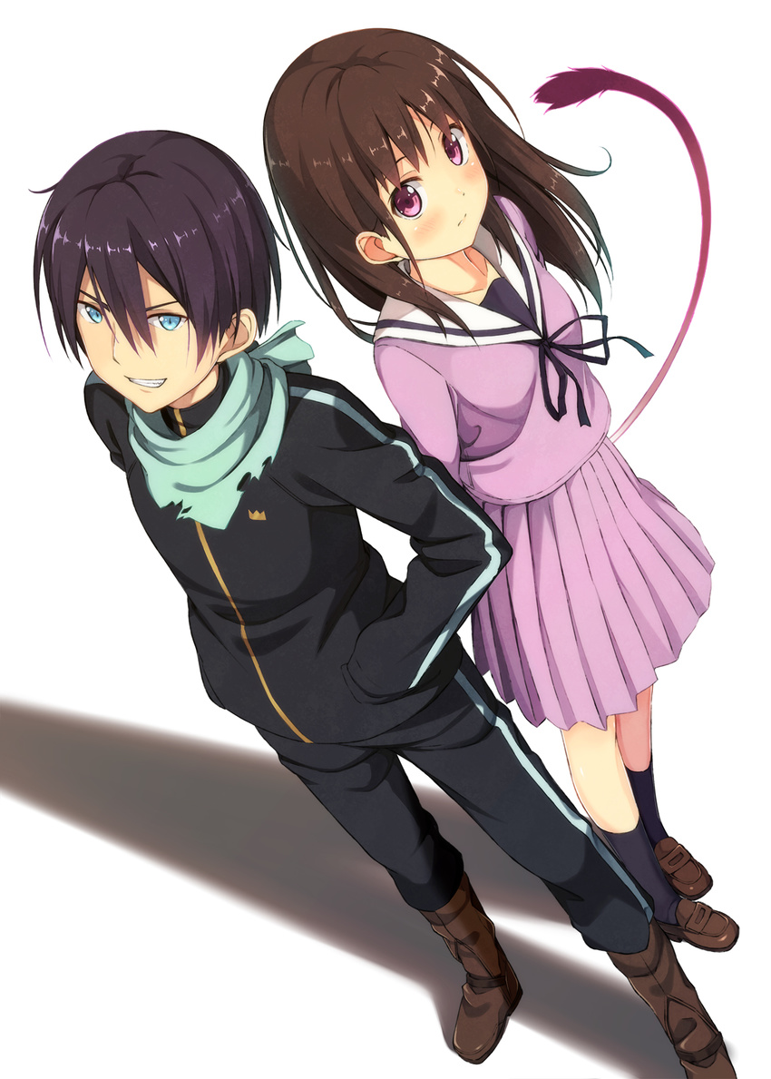 1boy bad_id bad_pixiv_id blue_eyes brown_hair female grin highres iki_hiyori kinta_(distortion) long_hair noragami photoshop_(medium) purple_eyes purple_hair school_uniform serafuku short_hair smile tail yato_(noragami)