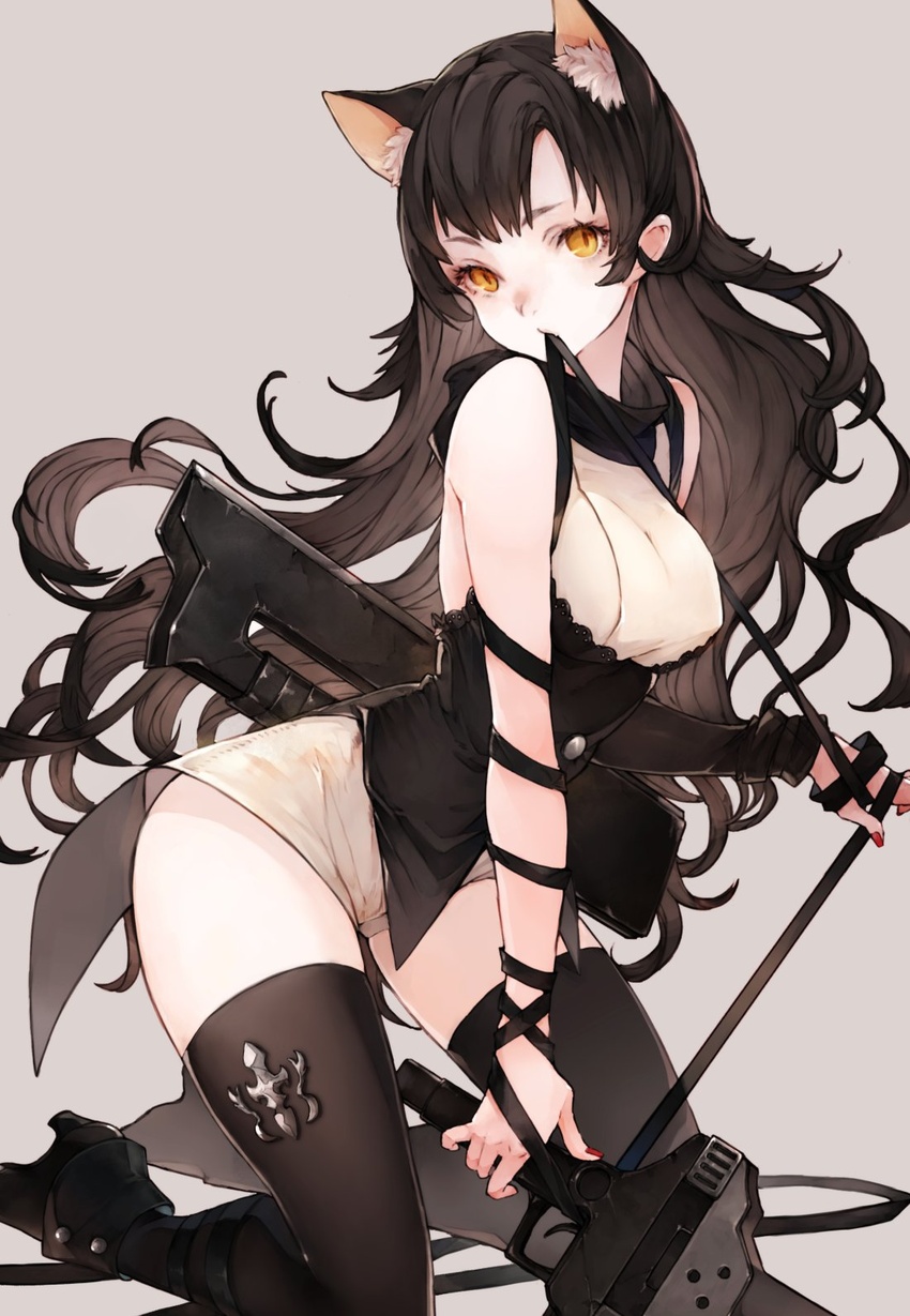 animal_ears black_hair blake_belladonna boots cat_ears chobi_(sakuyasakuhana) commentary_request female gambol_shroud gun highres kneeling long_hair looking_at_viewer mouth_hold rwby simple_background solo strap thighhighs weapon yellow_eyes