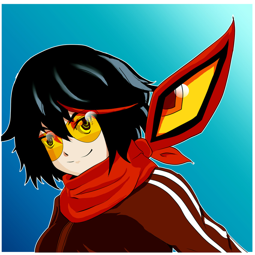 alternate_costume black_hair commentary_request edgardo_diaz female highres jacket kill_la_kill matoi_ryuuko multicolored_hair safety_glasses scarf senketsu senketsu_(scarf) simple_background smile solo spoilers streaked_hair tinted_eyewear track_jacket upper_body yellow-tinted_eyewear