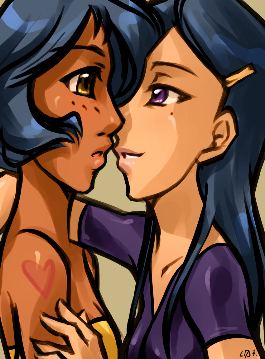 alex_(totally_spies) black_hair brown_eyes dark_skin eye_contact hair_ornament hairclip incipient_kiss lips looking_at_another mandy_(totally_spies) multiple_girls purple_eyes simple_background totally_spies yuri