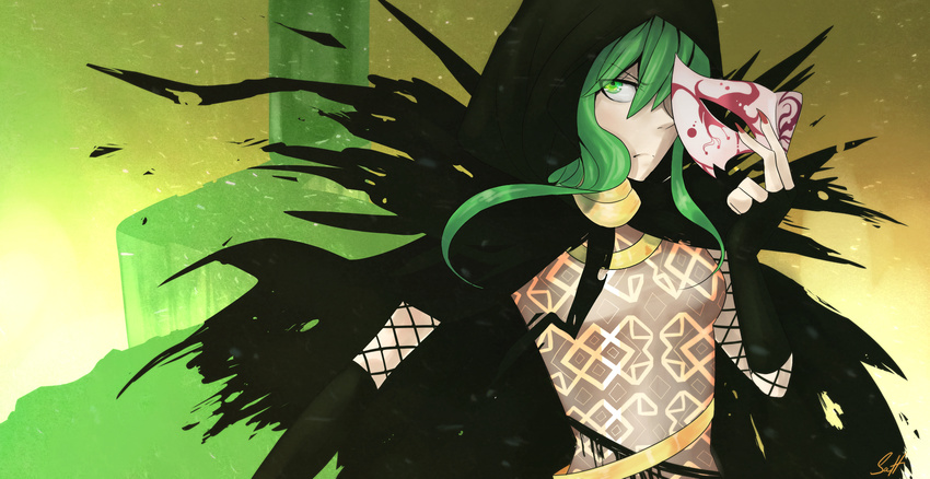 akutoku_no_judgement_(vocaloid) bridal_gauntlets chaban_capriccio_(vocaloid) cloak commentary_request domino_mask evillious_nendaiki female frown green_eyes green_hair gumi highres jewelry mask net sidelocks solo uglytree vocaloid