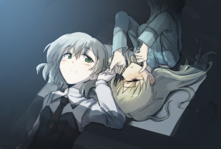 2girls blonde_hair commentary_request couple eila_ilmatar_juutilainen green_eyes grey_hair highres lying makaze_(t-junction) multiple_girls necktie on_back pinky_swear purple_eyes sanya_v._litvyak smile strike_witches upside-down world_witches_series yuri