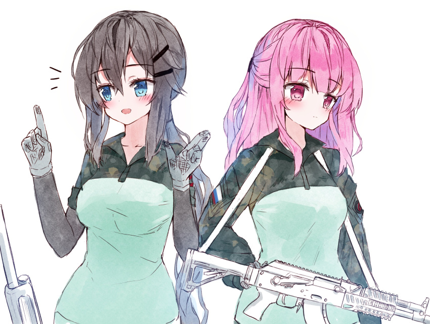 2girls :d absurdres ak-47 assault_rifle blue_eyes blush breasts brown_hair camouflage camouflage_jacket closed_mouth collarbone commentary_request gloves green_jacket grey_gloves gun hair_between_eyes hair_ornament hairclip hands_up highres index_finger_raised jacket kalashnikov_rifle keisha_(tandohark) long_sleeves looking_away looking_to_the_side multiple_girls notice_lines open_mouth original pink_hair red_eyes rifle short_sleeves simple_background small_breasts smile tandohark upper_body vera_(tandohark) weapon white_background