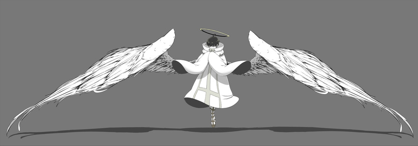 1boy alternate_costume angel angel_wings black_hair boots closed_eyes colored_skin commentary_request covered_mouth feathered_wings feathers floating full_body grey_background halo high_collar highres limited_palette long_sleeves male_focus matsuno_jyushimatsu osomatsu-kun osomatsu-san osomatsu_(series) own_hands_together shadow silentcity simple_background sleeves_past_wrists solo spread_wings white_skin white_wings wide_sleeves wings