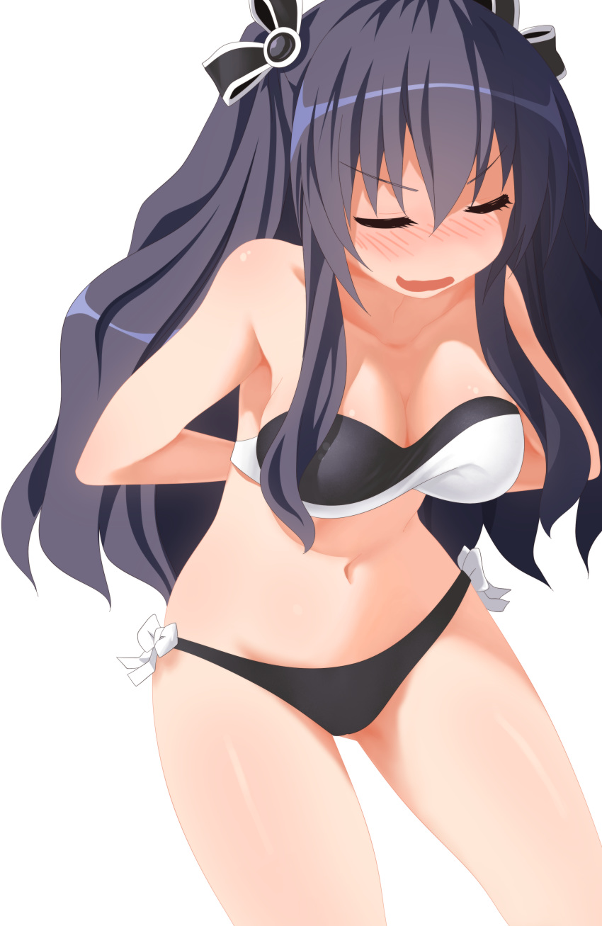 absurdres bare_shoulders bikini black_bikini black_hair blush breasts choujigen_game_neptune_mk2 closed_eyes collarbone commentary derivative_work english_commentary female highres long_hair medium_breasts navel neptune_(series) nose_blush open_mouth planeptune side-tie_bikini_bottom solo swimsuit transparent_background two_side_up uni_(neptunia) wavy_mouth