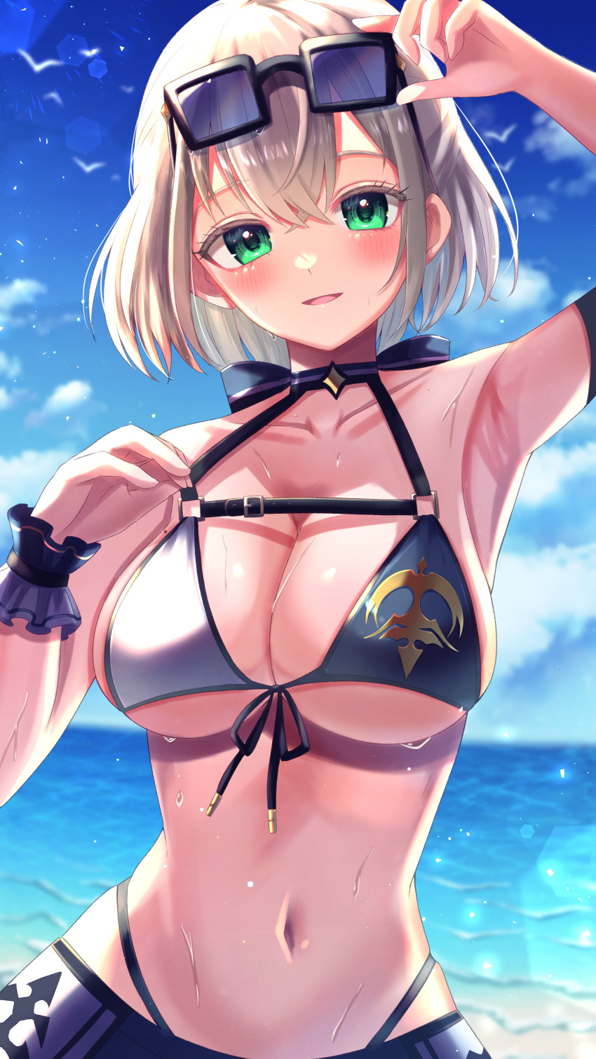 absurdres adjusting_clothes adjusting_eyewear armpits bikini bikini_skirt black_choker blue_bikini blue_skirt blue_sky blush breasts choker cleavage cloud female front-tie_bikini_top front-tie_top green_eyes grey_hair highleg highleg_bikini highres hololive junineu large_breasts looking_at_viewer navel presenting_armpit shirogane_noel shirogane_noel_(summer_2020) short_hair skirt sky smile solo stomach swimsuit two-tone_bikini underboob virtual_youtuber water white_bikini