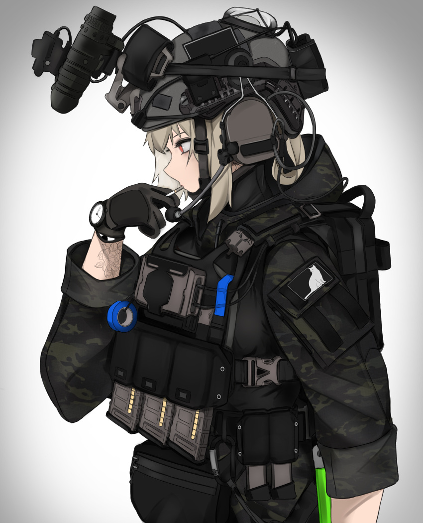 absurdres backpack bag bulletproof_vest camouflage candy cigarette_candy emblem fanny_pack feline female food fte_(fifteen_199) gloves helmet highres magazine_(weapon) military military_operator night_vision_device original solo tactical_clothes tattoo watch wristwatch