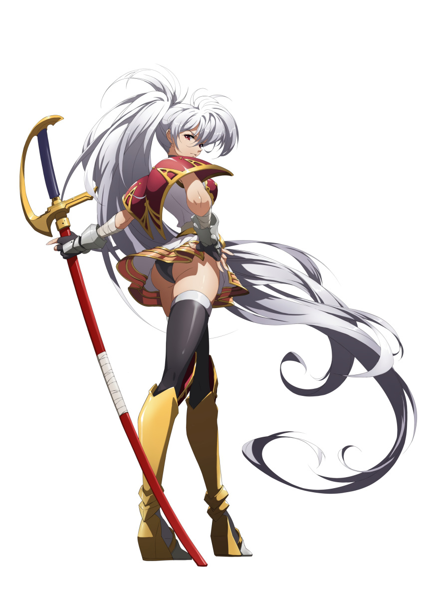 absurdly_long_hair absurdres armor armored_boots ass black_panties boots female fingerless_gloves full_body gloves high_ponytail highres holding holding_sword holding_weapon langrisser langrisser_iii langrisser_mobile long_hair luna_(langrisser) non-web_source official_art panties pauldrons photoshop_(medium) red_eyes sheath sheathed shoulder_armor simple_background smile solo standing sword thighhighs underwear very_long_hair weapon white_background white_hair