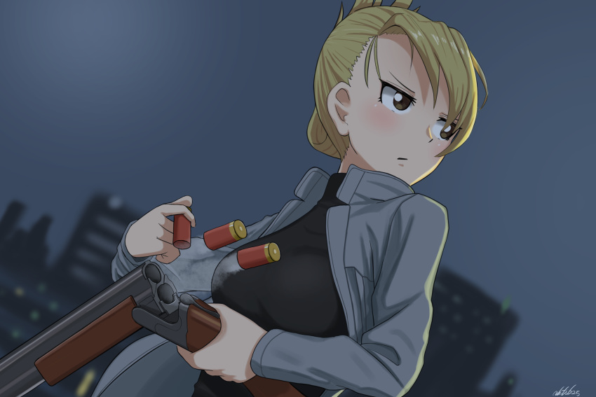 akts625 alternate_costume artist_name black_shirt blonde_hair break_action brown_eyes casing_ejection cowboy_shot dutch_angle female folded_ponytail fullmetal_alchemist grey_jacket gun highres holding holding_gun holding_weapon jacket light_blush looking_to_the_side reloading riza_hawkeye shell_casing shirt shotgun shotgun_shell signature smoke solo turtleneck weapon