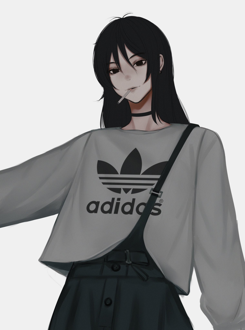 adidas arm_up black_choker black_hair buttons choker cigarette clothes_writing eyebrows female green_pants grey_shirt highres lips looking_at_viewer original overalls pants shirt simple_background smoking white_background zaki_(zaki_btw)