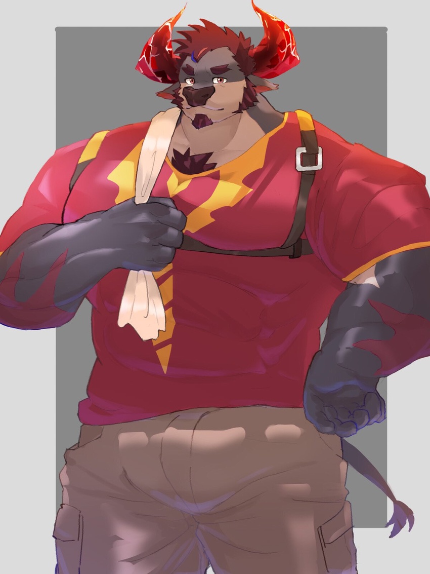 3:4 am228488203 anthro bovid bovine brown_body brown_fur cattle clothing facial_hair fur goatee hair harness hi_res horn lifewonders live_a_hero male mammal muscular muscular_anthro muscular_male obsidius pecs red_hair shirt solo t-shirt topwear towel