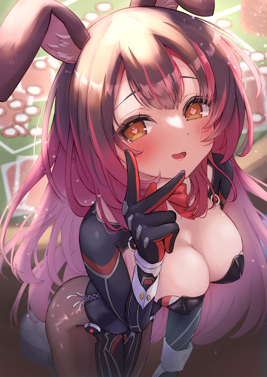 absurdres animal_ears black_leotard blush breasts brown_eyes brown_hair casino_card_table cleavage female heart heart-shaped_pupils highres hololive large_breasts leotard long_hair looking_at_viewer mihaeru playboy_bunny rabbit_ears roboco-san solo symbol-shaped_pupils table virtual_youtuber