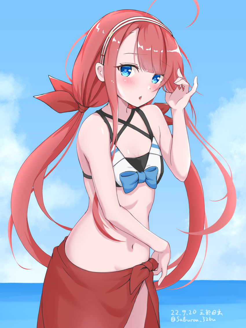 adapted_costume ahoge asymmetrical_bangs bikini black_bikini blue_eyes blue_sky cloud commentary_request cowboy_shot day female flat_chest front-tie_bikini_top front-tie_top hair_ribbon hairband highres horizon kantai_collection kawakaze_(kancolle) long_hair looking_at_viewer low_twintails navel ocean outdoors pointy_ears red_hair red_sarong ribbon saburou_hiji sarong sidelocks sky solo swimsuit twintails very_long_hair