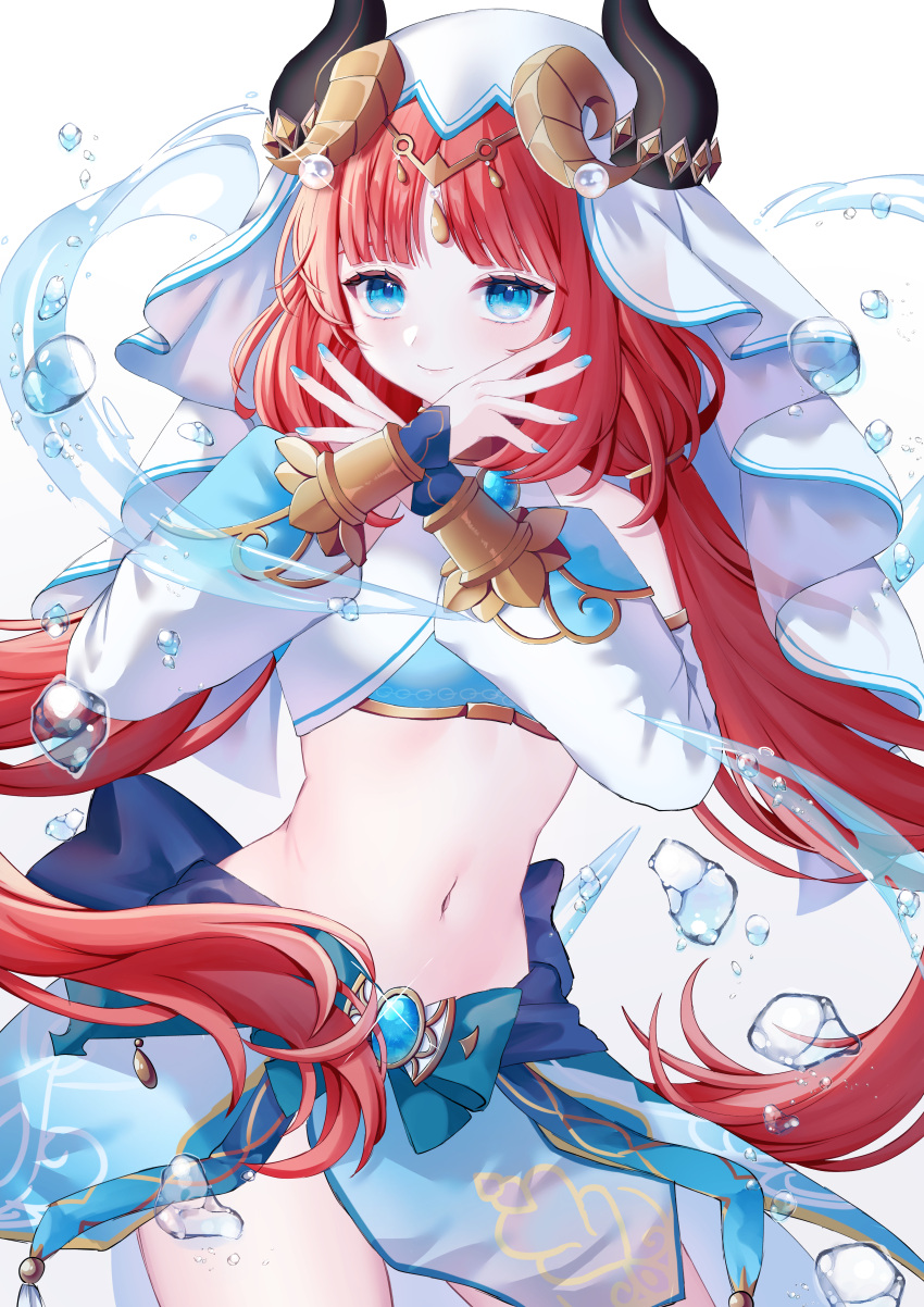 absurdres blue_eyes blue_nails blue_skirt brooch commentary cowboy_shot crop_top fake_horns female genshin_impact hands_up highres horns jewelry long_hair long_sleeves looking_at_viewer low_twintails midriff mochi_mochi052 nail_polish navel nilou_(genshin_impact) red_hair simple_background skirt smile solo standing stomach thighs twintails veil very_long_hair white_background