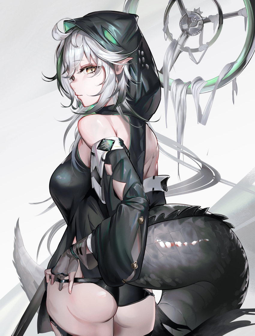 absurdres adjusting_clothes adjusting_panties ahoge arknights ass bare_shoulders black_thighhighs breasts crocodilian_tail female gloves grey_hair highres hiyaori_(hiyahiyaval) holding hood long_hair looking_at_viewer looking_back medium_breasts panties partially_fingerless_gloves pointy_ears simple_background solo staff tail thighhighs tomimi_(arknights) torn_clothes torn_thighhighs underwear yellow_eyes