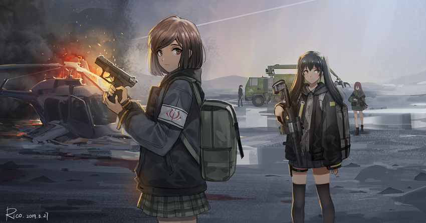 4girls aircraft ar-15 armband artist_name assault_rifle backpack bag burning crash_landing dated gun handgun helicopter hood hoodie jacket long_hair military motor_vehicle multiple_girls original pleated_skirt puddle rico_ebr rifle short_hair skirt thighhighs trigger_discipline truck twintails walther_p22 weapon