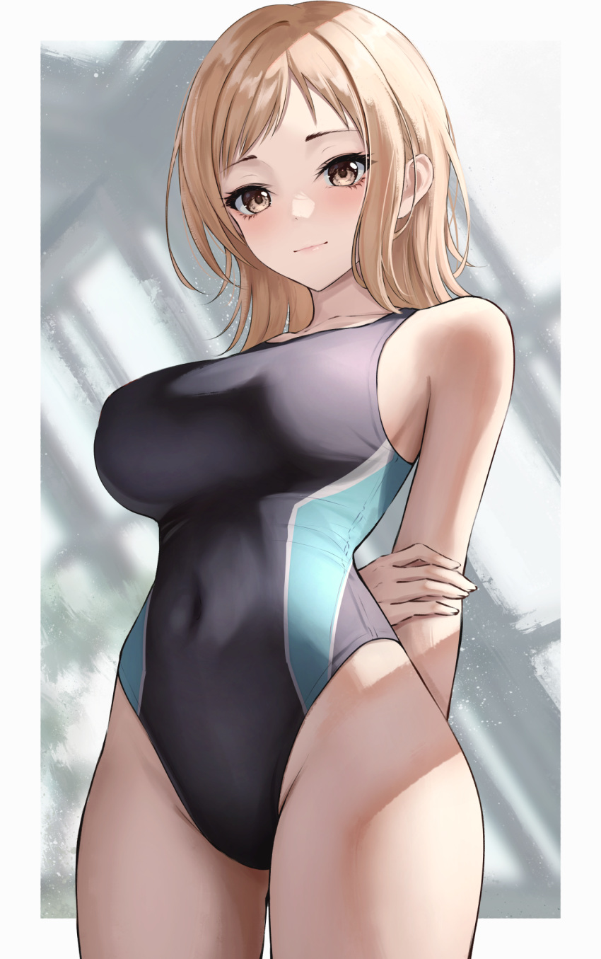 arms_behind_back bad_link blush breasts collarbone competition_swimsuit covered_navel female groin highres holding_own_arm idolmaster idolmaster_shiny_colors large_breasts light_brown_hair light_smile looking_at_viewer marinesnow medium_hair one-piece_swimsuit sakuragi_mano solo swimsuit