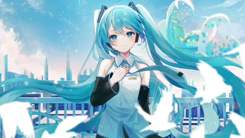 azuazu_0405 balloon bare_shoulders blue_eyes blue_hair city collared_shirt commentary day detached_sleeves female hair_ornament hand_on_own_chest handrail hatsune_miku heart_balloon highres long_hair looking_at_viewer necktie outdoors shirt sky sleeveless smile solo twintails upper_body very_long_hair vocaloid