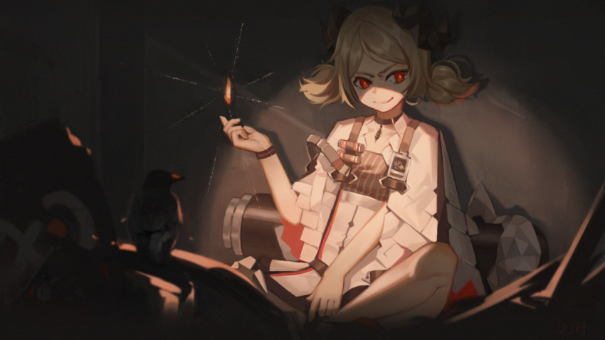 arknights bird black_choker blonde_hair bracelet choker commentary female fire horns id_card ifrit_(arknights) jacket jewelry looking_at_viewer on_ground orange_eyes pen_liangshui_po_ya_po rhine_lab_logo short_hair sitting smile solo twintails