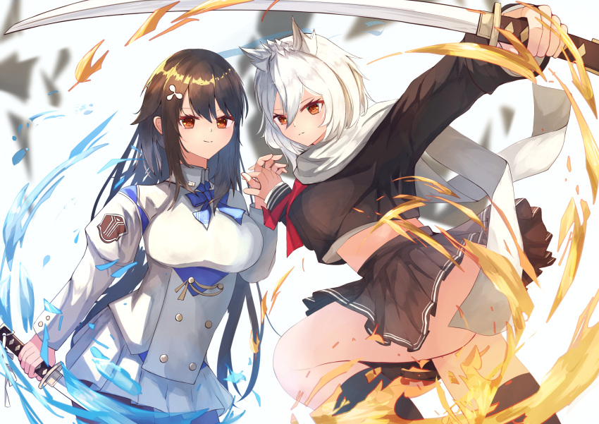 2girls absurdres animal_ears azur_lane black_hair black_pantyhose black_shirt black_skirt black_socks blue_neckwear breasts buttons choukai_(azur_lane) double-breasted hair_between_eyes hane_(feathe02) highres holding holding_sword holding_weapon jacket katana large_breasts long_hair long_scarf looking_at_viewer maya_(azur_lane) midriff miniskirt multiple_girls neck_ribbon orange_eyes pantyhose pleated_skirt red_ribbon ribbon scarf shirt short_hair simple_background skirt socks sword thighhighs undone_neck_ribbon weapon white_background white_hair white_jacket white_scarf white_skirt