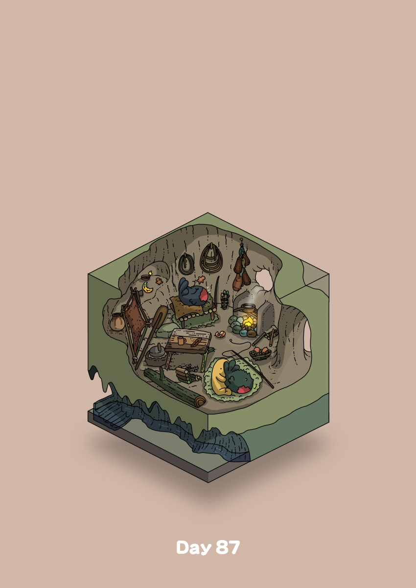 absurdres animal animal_hug bed boiling bowl campfire cave commentary cup diorama feathers fishing_rod gozz highres isometric leather log lying on_back original pot rope stairs steam table window