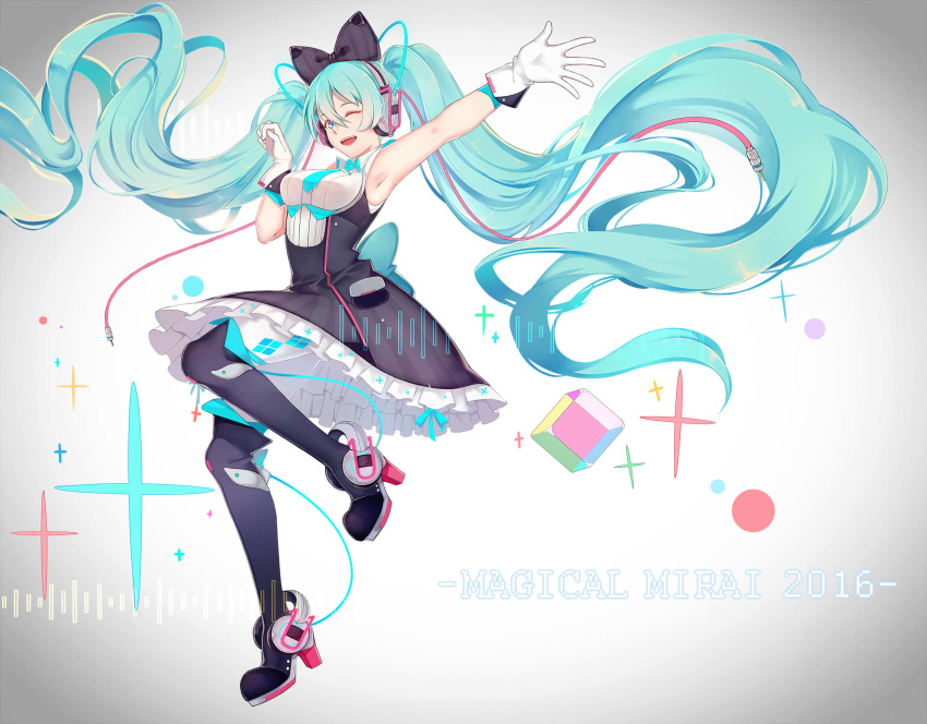 2016 aqua_eyes aqua_hair aqua_necktie armpits ayan bare_shoulders black_bow black_dress black_thighhighs bow breasts cable commentary copyright_name cube dress female framed_breasts frilled_sleeves frills full_body gloves graphic_equalizer hairbow hand_up hatsune_miku headphones high_heels highres leg_up long_hair looking_at_viewer magical_mirai_(vocaloid) magical_mirai_miku magical_mirai_miku_(2016) medium_breasts necktie one_eye_closed open_mouth outstretched_arm short_necktie smile solo symbol-only_commentary thighhighs twintails very_long_hair vignetting vocaloid white_gloves