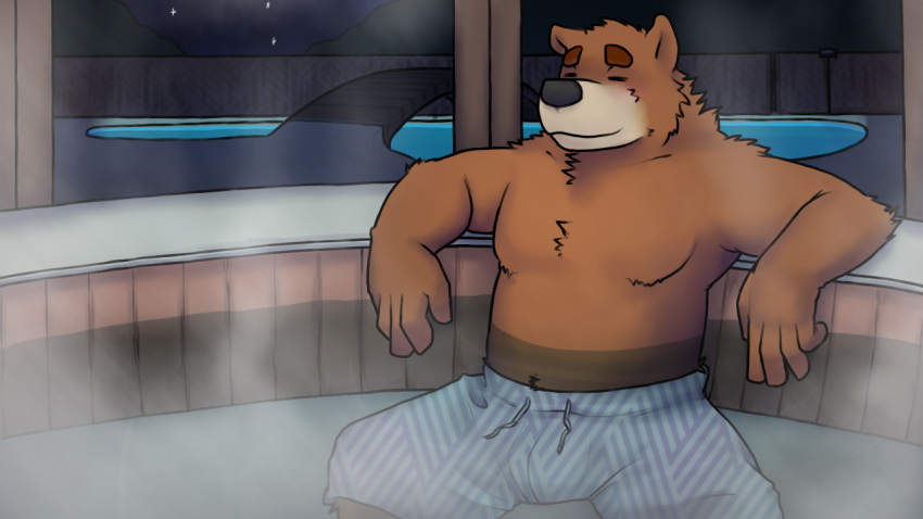 16:9 2019 anthro bear brown_bear brown_body brown_fur closed_eyes clothed clothing dean_(password) detailed_background fur grizzlesbear hot_tub humanoid_hands male mammal night password_(visual_novel) sitting slightly_chubby solo swimwear ursine widescreen