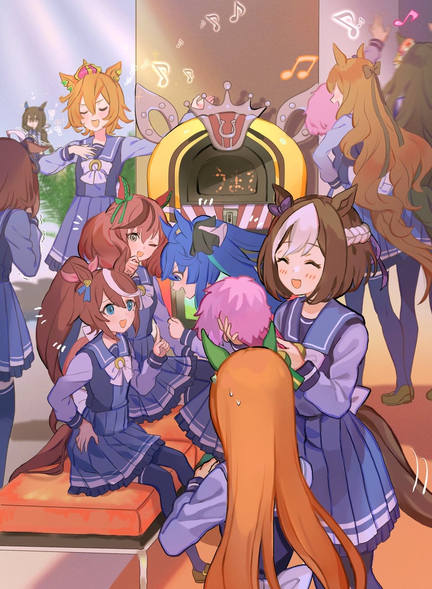 6+girls ^_^ admire_vega_(umamusume) ahoge animal_ears beamed_eighth_notes black_bow blue_eyes blue_hair blue_ribbon blurry blush bow breasts brown_eyes brown_footwear brown_hair bush closed_eyes crown ear_covers eighth_note from_behind green_bow hair_ornament hand_on_own_chest hand_on_own_hip highres horse_ears horse_girl horse_tail index_finger_raised jukebox light_rays loafers long_hair long_sleeves looking_at_another low_ponytail maruzensky_(umamusume) meisho_doto_(umamusume) motion_lines multicolored_hair multiple_girls musical_note nice_nature_(umamusume) notice_lines one_eye_closed open_mouth orange_hair pom_pom_(cheerleading) ponytail purple_bow purple_legwear purple_shirt purple_skirt ribbon sailor_collar school_uniform seeking_the_pearl_(umamusume) shirt shoes short_hair silence_suzuka_(umamusume) single_ear_cover sitting skirt small_breasts smile sparkle special_week_(umamusume) standing streaked_hair sweat t.m._opera_o_(umamusume) tail tail_wagging thighhighs tokai_teio_(umamusume) tracen_school_uniform trembling twin_turbo_(umamusume) twintails two-tone_hair umamusume wavy_hair yoshida_(ne)