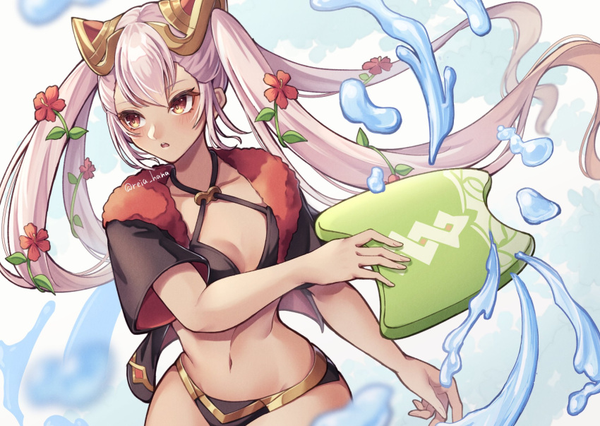 bikini breasts dark-skinned_female dark_skin female fire_emblem fire_emblem_heroes flower hair_flower hair_ornament highres holding holding_surfboard laevatein_(fire_emblem) laevatein_(summer)_(fire_emblem) long_hair navel official_alternate_costume open_mouth pink_hair red_eyes reia_hana small_breasts solo surfboard swimsuit twintails twitter_username very_long_hair water