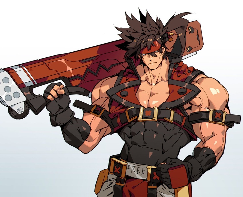 abs arm_belt bara belt biceps blonde_hair brown_hair commission covered_abs gauntlets gloves guilty_gear hand_on_hip headband jacket large_pectorals long_hair looking_at_viewer male_focus manly muscular muscular_male na_insoo pants pectoral_cleavage pectorals ponytail sol_badguy spiked_hair thick_arms tight veins veiny_arms weapon