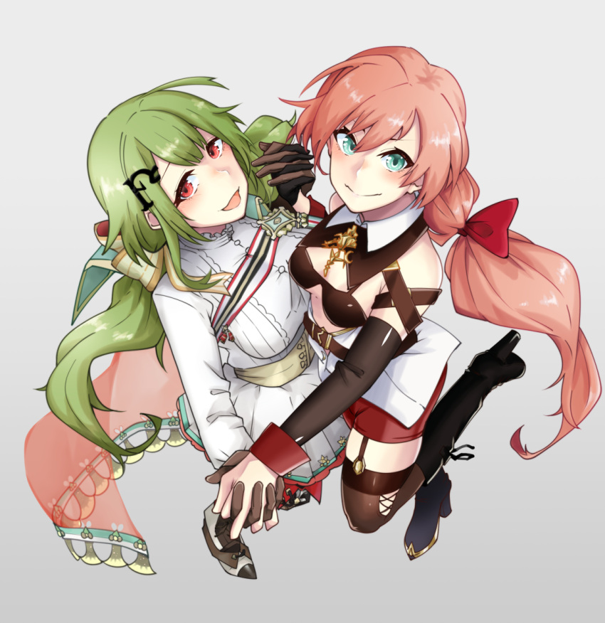 2girls alternate_costume aqua_eyes black_footwear black_gloves blush boots breasts brown_gloves brown_legwear carcano_m1891_(girls'_frontline) closed_mouth from_above garter_straps girls'_frontline gloves green_hair grey_background hair_ornament hair_ribbon hairclip highres holding_hands long_hair looking_at_viewer medium_breasts military military_uniform mk48_(girls'_frontline) multiple_girls nakiusagi open_mouth pink_hair red_eyes red_shorts ribbon shorts single_glove smile standing standing_on_one_leg thighhighs uniform white_uniform