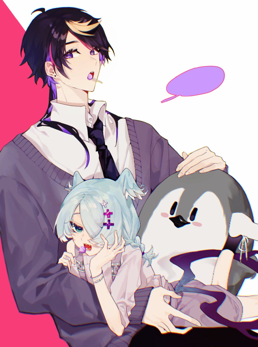 1boy aged_down bad_id bad_twitter_id black_hair black_necktie blue_eyes blue_hair braid candy cardigan collared_shirt elira_pendora female food grey_cardigan hair_behind_ear hair_over_one_eye head_wings highres holding holding_candy holding_food holding_lollipop lollipop looking_at_viewer low_wings multicolored_hair naka_(carolnaka_) necktie nijisanji nijisanji_en one_eye_covered open_mouth orange_hair overall_shorts overalls purple_hair shirt shu_yamino straight streaked_hair stuffed_animal stuffed_penguin stuffed_toy surprised virtual_youtuber white_shirt wings