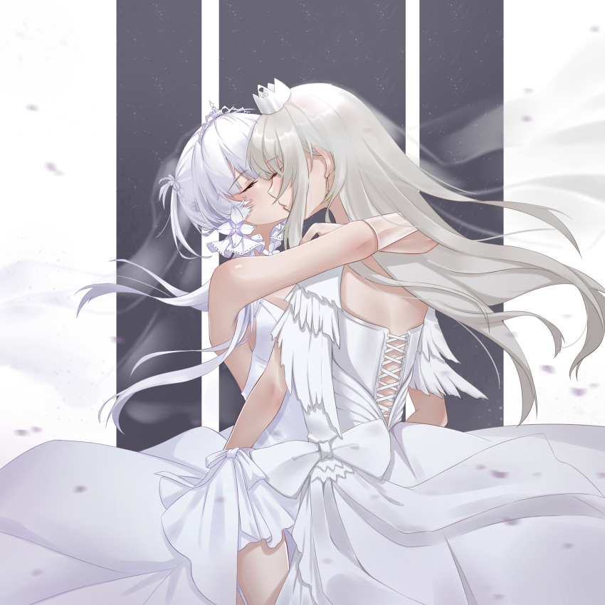 2girls absurdres azur_lane bride crown dress enterprise_(azur_lane) enterprise_(starlight_oath)_(azur_lane) gloves grey_background highres hug illustrious_(azur_lane) illustrious_(morning_star_of_love_and_hope)_(azur_lane) kissing long_hair multiple_girls official_alternate_costume tiara wedding_dress white_background wife_and_wife xiaoli_(1507) yuri