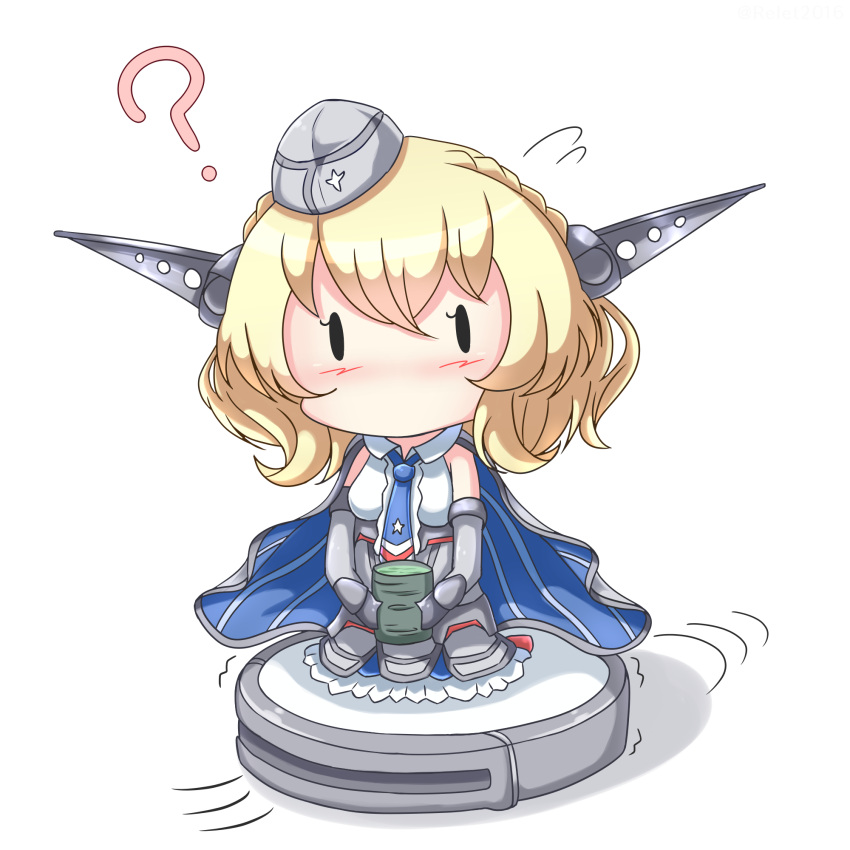 ? blonde_hair blue_necktie braid capelet chibi colorado_(kancolle) dress elbow_gloves female garrison_cap gloves grey_capelet grey_dress grey_gloves grey_hat hat headgear highres kantai_collection necktie pleated_dress riretsuto robotic_vacuum_cleaner shirt short_hair side_braids sitting sleeveless solo white_shirt