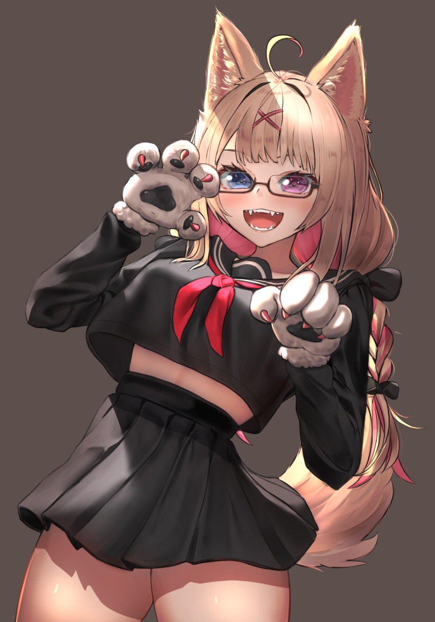 ahoge animal_ears animal_hands black-framed_eyewear black_bow black_serafuku black_skirt blonde_hair blue_eyes bow braco braid brown_background colored_inner_hair crop_top dog_ears dog_girl dog_paws dog_tail fangs female glasses gloves hair_ornament hairbow hands_up heterochromia highres inumaki_himari long_hair long_sleeves multicolored_hair neckerchief paw_pose pink_eyes pink_hair pleated_skirt red_neckerchief sailor_collar school_uniform semi-rimless_eyewear serafuku sharp_teeth shirt_overhang simple_background skirt solo tail teeth thick_thighs thighs twin_braids under-rim_eyewear virtual_youtuber wactor_production x_hair_ornament