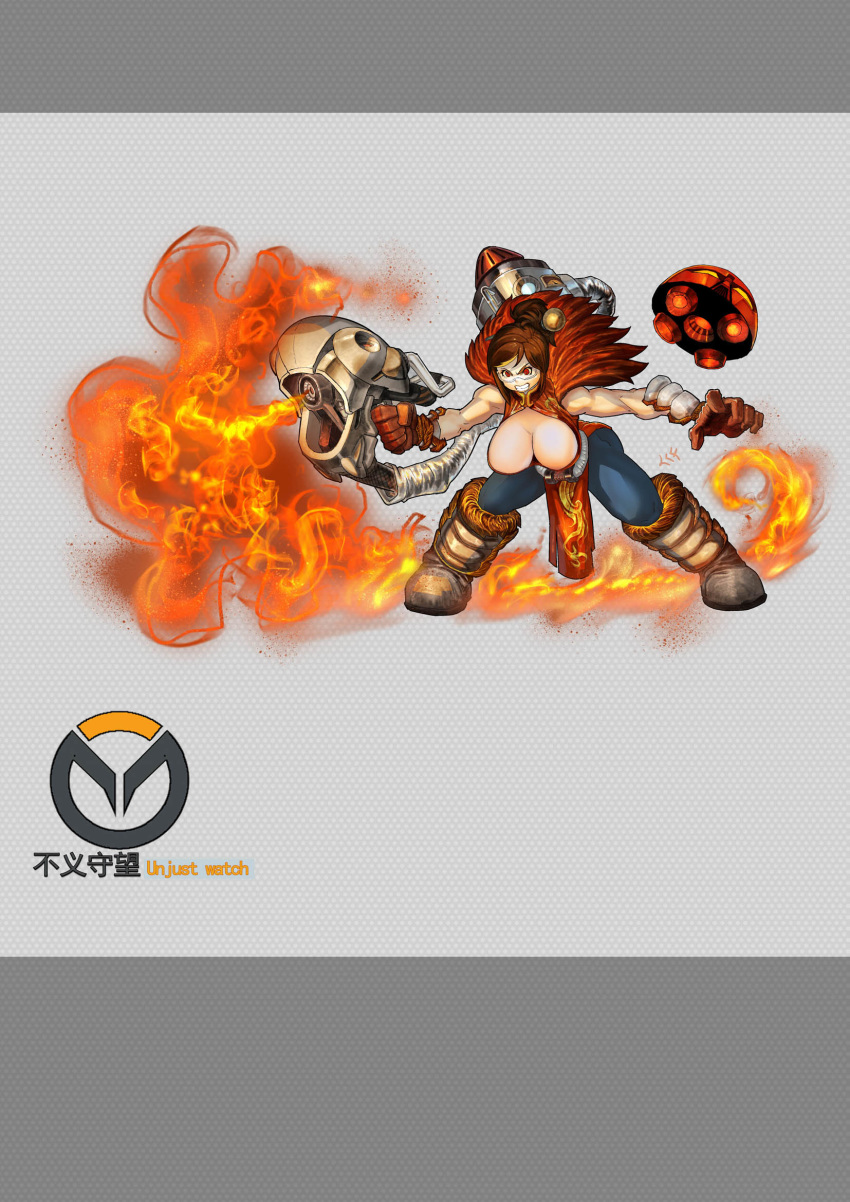 alternate_costume alternate_element bent_over blonde_hair breasts brown_gloves brown_hair chinese_clothes clenched_teeth female fire floating_hair fur_trim gloves goggles hair_ornament hairpin highres holding holding_weapon large_breasts mei_(overwatch) multicolored_hair overwatch overwatch_1 patterned patterned_background red_eyes robot snowball_(overwatch) streaked_hair teeth torn torn_clothes weapon zm